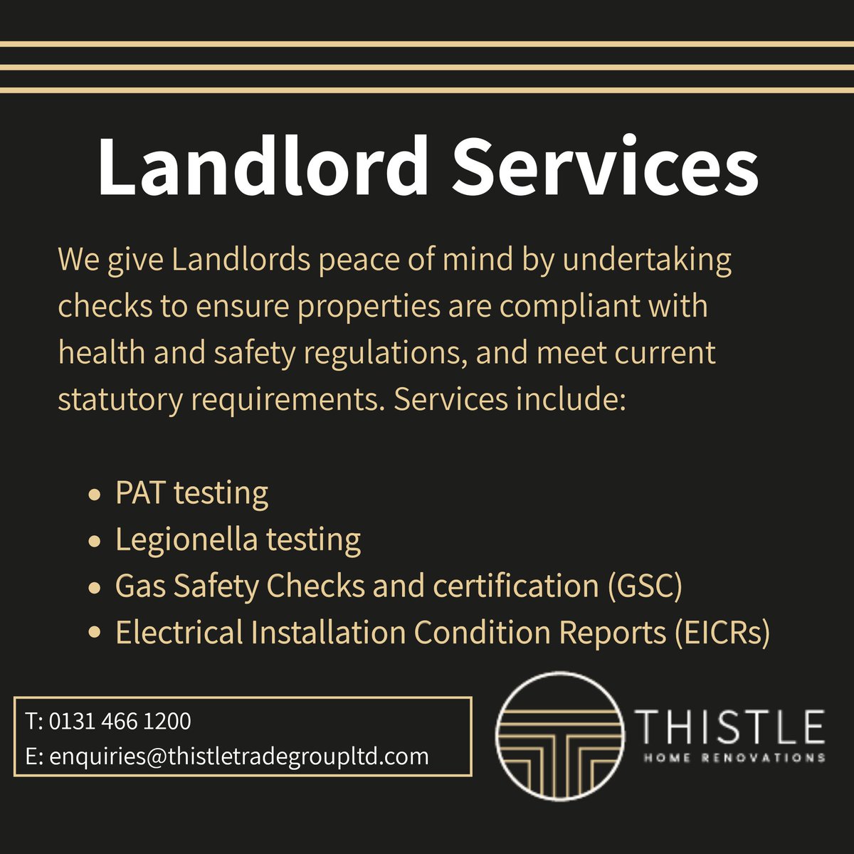 Did you know we provide services for Landlords? Whether it's PAT testing you need, or a local and reputable company to undertake work to get your property ready to let, we can help! 

To have a chat with our team about our Landlord services, get in touch. #EdinburghLets