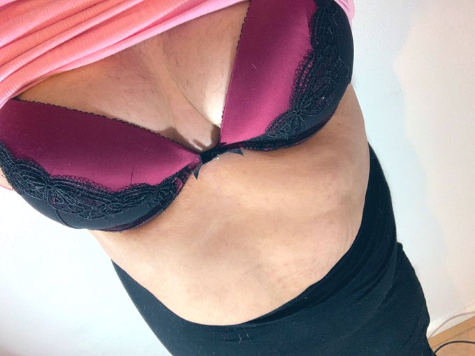 Today&rsquo;s outfit, black skirt, thong, tights, purple bra, tight pink sweater and heels 😘 https://t.co/
