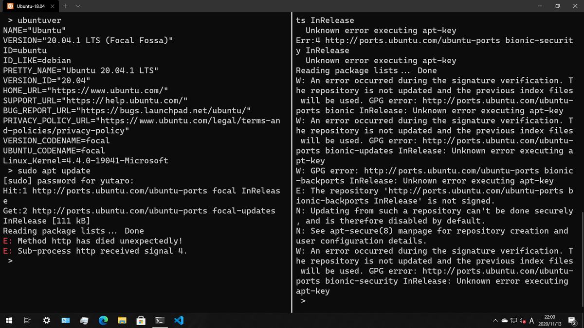 Hyper_W_Pub's tweet image. WSLは動くけど,aptがエラー吐くのでアプデやインストールは無理.
WSL2は仮想マシンプラットフォーム有効化したら永遠に起動し続けるので不可.
別のWindowsマシンでdism使って機能無効化する羽目になった.

#WoA #WoR #WindowsonRaspberry #WSL