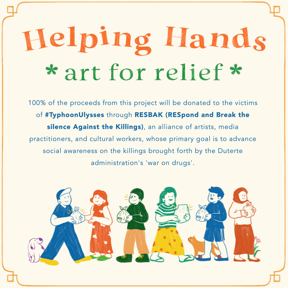 mintelliart's tweet photo. Helping Hands: Art For Relief is a small collective of artists who have gathered to give #UlyssesPHAid for children of the war on drugs victims.

We are opening 12 slots. Check out the pubs to find out more!

https://t.co/BxPQq9KWag

#ArtForACause https://t.co/UpTjgf7YTY