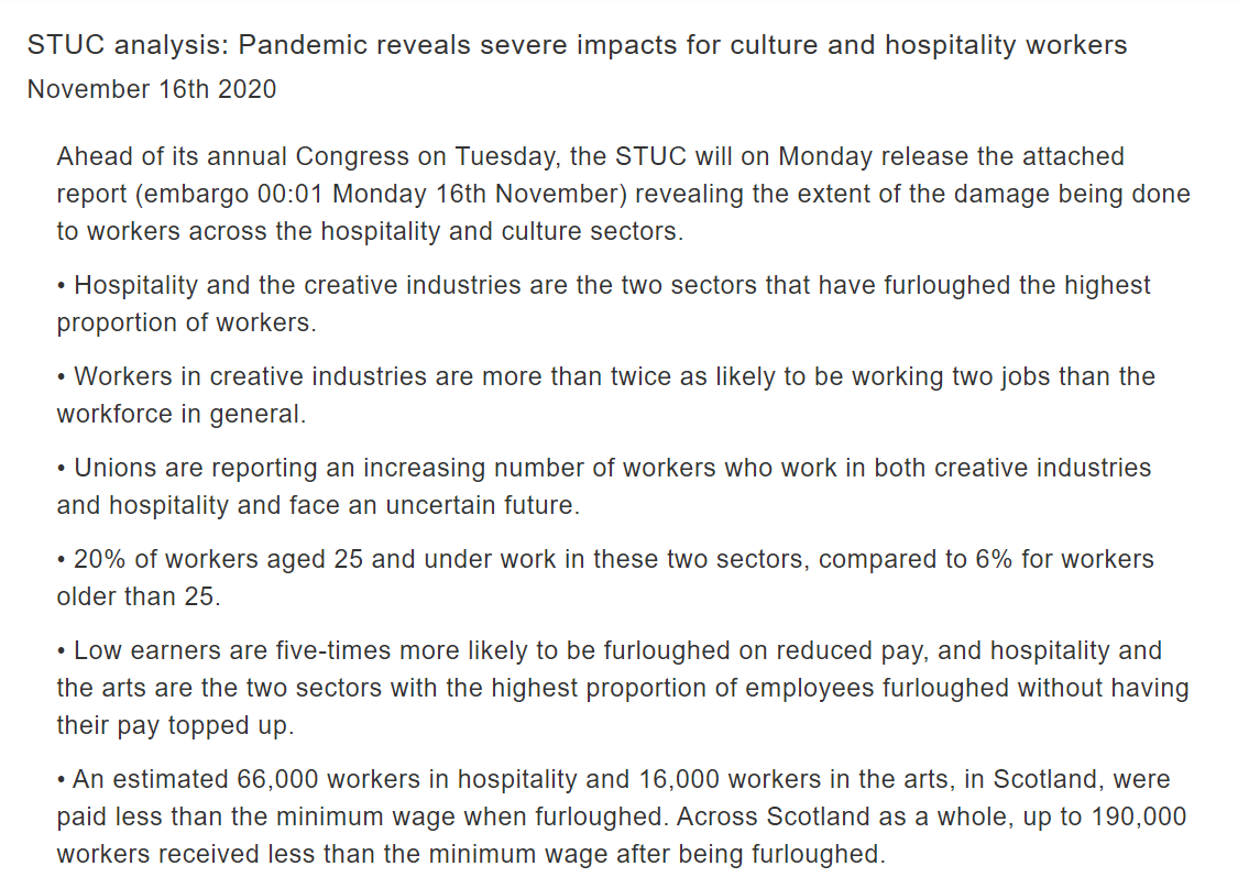 ScottishTUC's tweet image. New: STUC analysis reveals the extent of damage to workers across the hospitality and culture sectors.

Read our full statement, including comment from @FairHospitality, here: tinyurl.com/y32ohgk6
