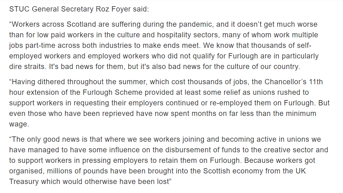 ScottishTUC's tweet image. New: STUC analysis reveals the extent of damage to workers across the hospitality and culture sectors.

Read our full statement, including comment from @FairHospitality, here: tinyurl.com/y32ohgk6