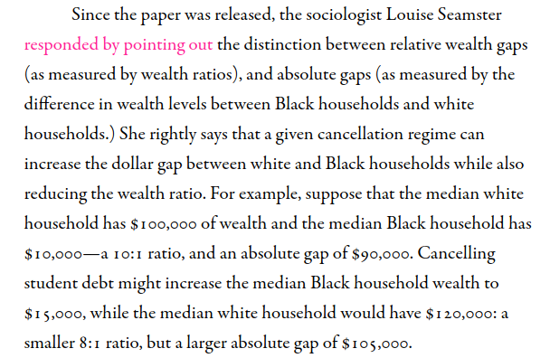 __rowboat__'s tweet photo. Proponents of cancellation will say that it will reduce the racial wealth gap. Yay! But when pressed, they will admit it only reduces the RATIO of the gap while INCREASING the dollar AMOUNT of the gap.

https://t.co/cAhJTGOfQi https://t.co/H9g0OSfD7A
