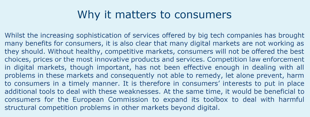 . @beuc which regroups consumer organisations across Europe, sees a clear need and many promising benefits for consumers in the upcoming  #DigitalMarketsAct proposal.  https://www.beuc.eu/publications/beuc-x-2020-079_digital_services_act_and_new_competition_tool.pdf