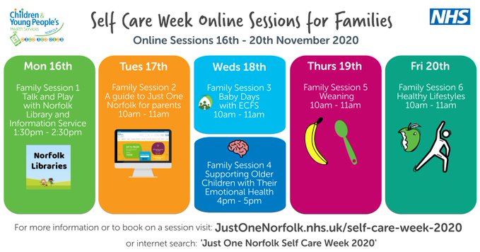 FISnorfolk's tweet photo. Our NHS colleagues in Just One Norfolk are hosting mini online workshops for families as part of #SelfCareWeek- sessions include weaning, talk and play, emotional health and healthy lifestyles #PJFAL
Register for your place here: https://t.co/WBjvGRihiG #JONSelfCareWeek2020 https://t.co/D62Pj7Sy8w