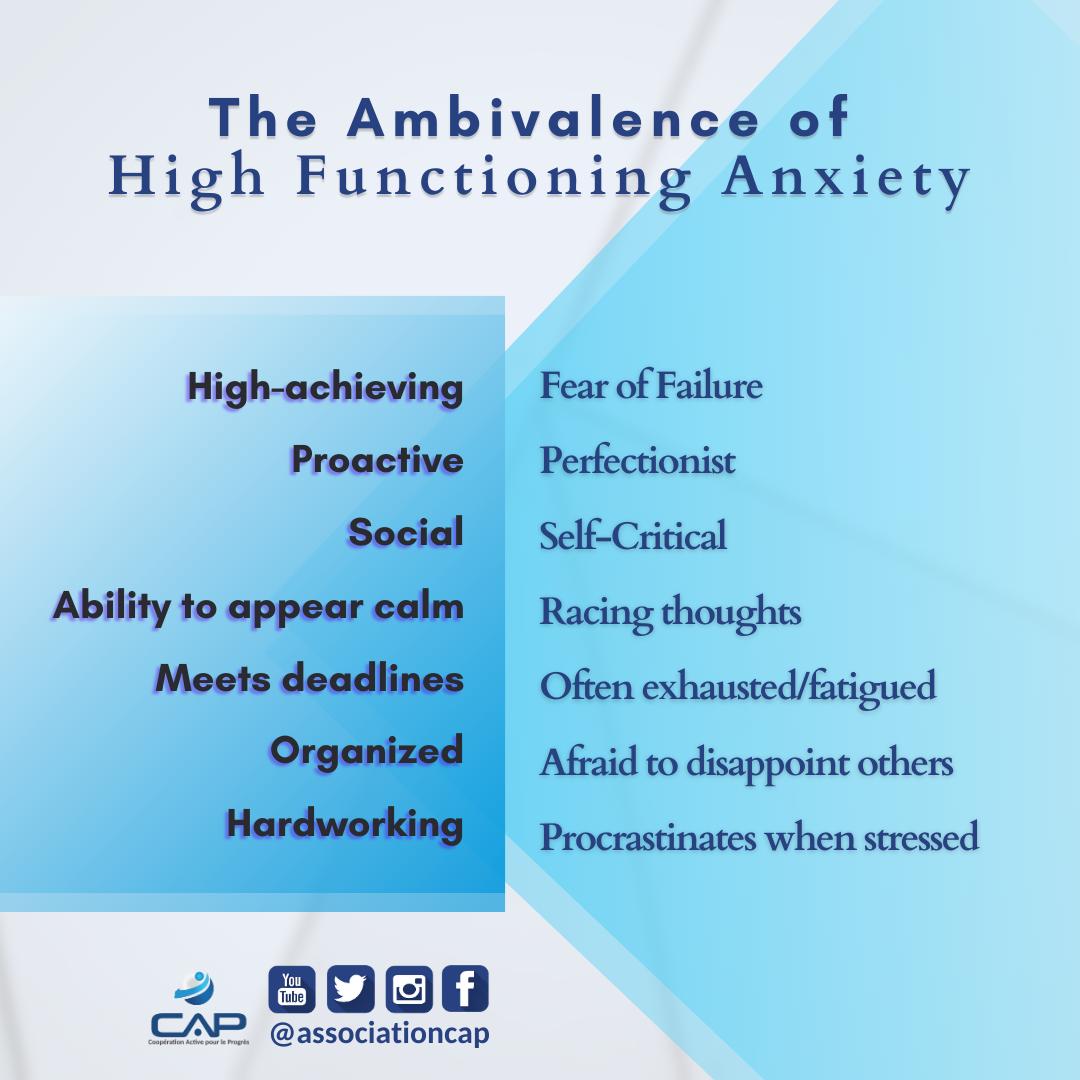 associationcap's tweet photo. People with high-functioning #anxiety are often able to accomplish tasks and appear to function well in social situations while dealing anxiety symptoms! #mentalillness is invisible, sometimes to a concerning level. 
Let's break the stigma 🙏
#mentalhealth #mondaythoughts https://t.co/3q9ZEVraB2