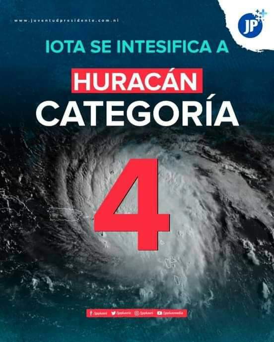 FajardoAlvarad2's tweet photo. #LoÚltimo | IOTA se convierte en un poderoso huracán categoría 4. Se espera toque tierras nicaragüenses en las próximas horas de este lunes.

Actualmente se localiza a unos 242 km al Este- Sur de Bilwi y a unos 257 km al Este-Sur de Cabo Gracias a Dios. https://t.co/1Y3vvugB2c