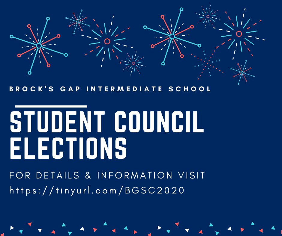 BrocksGapBucs's tweet photo. We are excited to begin the election process of our Brock’s Gap Student Council! Each homeroom will elect one classroom representative to represent the class. For details &amp; information visit https://t.co/eCWP87QEE6 https://t.co/9mHKuyAUGy