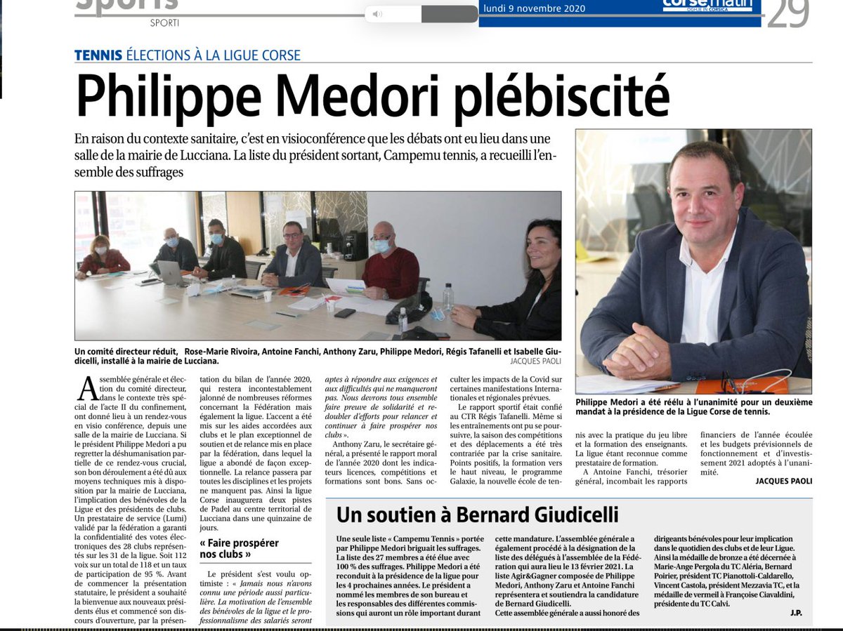 « La participation de 95% des clubs à notre assemblée générale et l’obtention de 100 % des suffrages au comité de direction et à la délégation valident le travail accompli par la Ligue depuis 4 ans. Oghje e piu che mai, campemu tennis » 💬P.Medori, élu à la présidence de la Corse