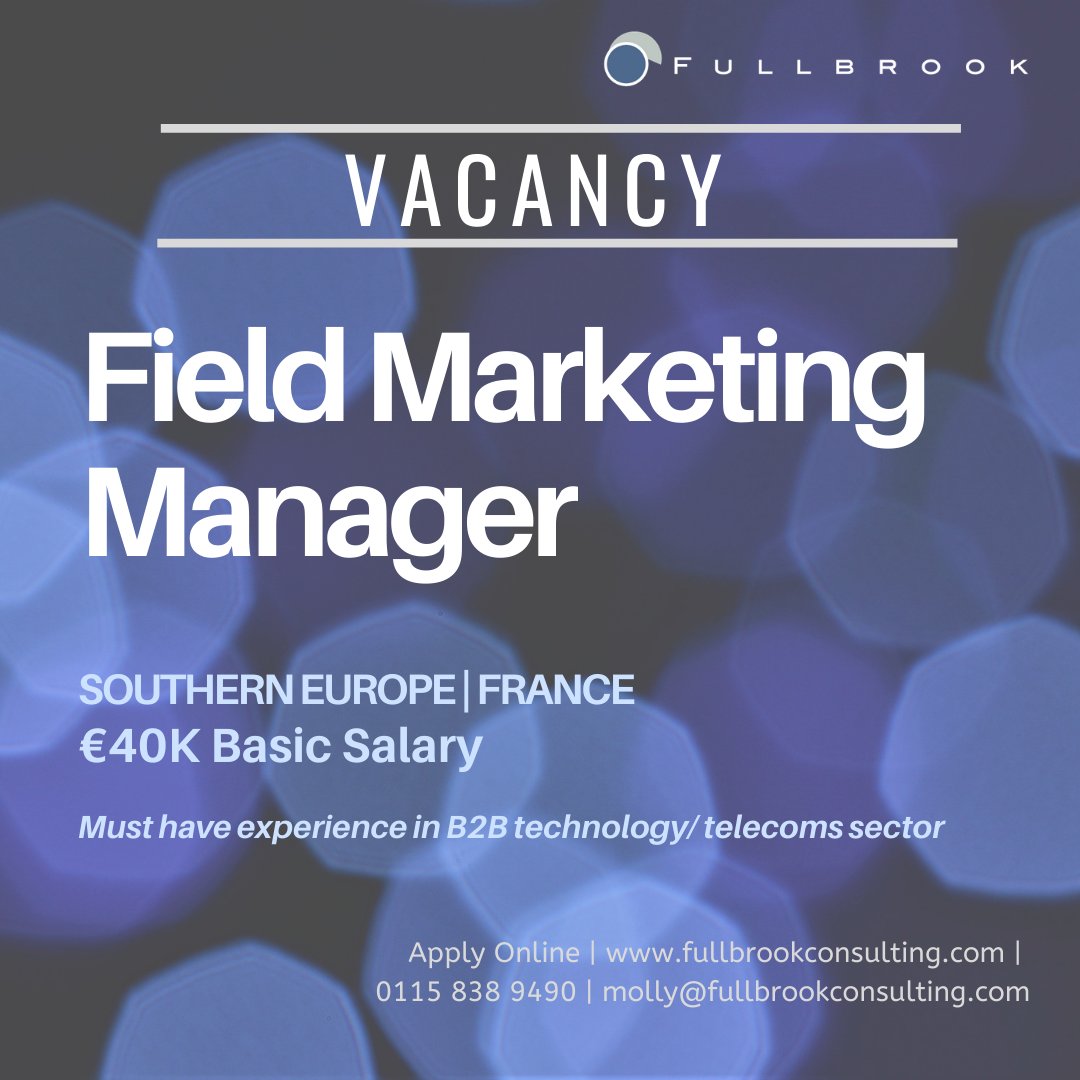 FullbrookGroup's tweet photo. NEW ROLE! We are searching for a Field Marketing Manager. Based in France - €40K basic salary. 

The ideal candidate must have experience in B2B technology / telecoms sector.

For more information or to apply, email molly@fullbrookconsulting.com

#recruitment #B2Bmarketing https://t.co/FDEZcrO6YR