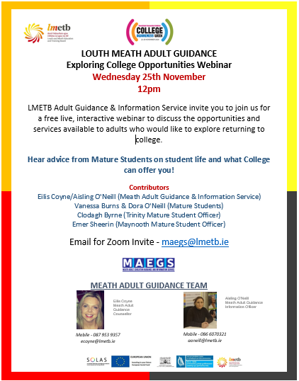 Meathguidance's tweet photo. If you are interested in returning to college this free event will be of interest to you. @AccessTCD  @AEGAIreland  @aontas @aheadireland @_AccessEd @AsIAmIreland @DamienPOReilly  @GaryOMeara_ @LouthMeathETB  @meathcoco @MeathLibrary @ThomasByrneTD @MU_MAP @maynoothsu https://t.co/CZTJXQrPse