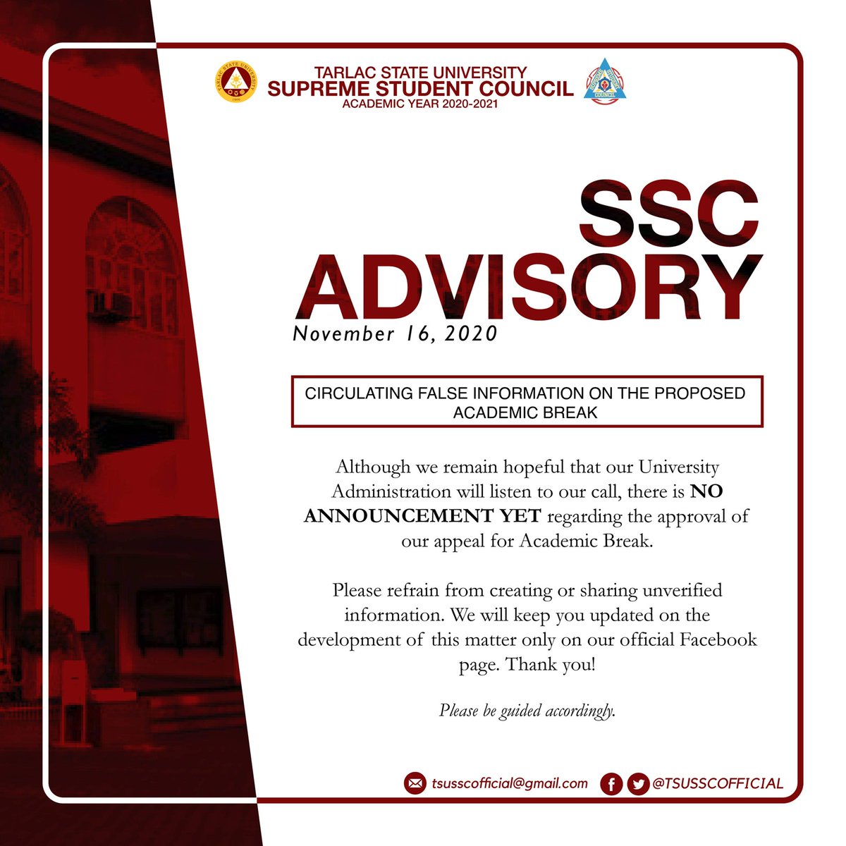 TSUSSCOfficial's tweet photo. SSC ADVISORY

Although we remain hopeful that our University Administration will listen to our call, there is NO ANNOUNCEMENT YET regarding the approval of our appeal for Academic Break. 

#tsussc2021
#SSCAdvisory 
#SamaSamangAabante https://t.co/YkuauIClp3