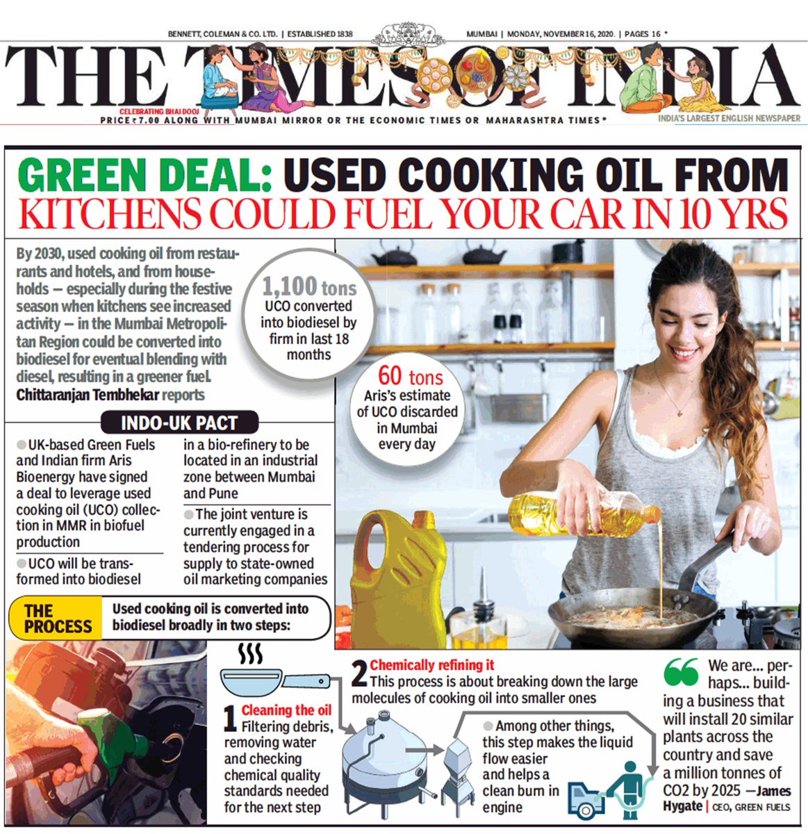 greenfuelsltd's tweet photo. Last week we signed a memorandum of understanding with ARIS BioEnergy India, committing to a biodiesel refining joint venture in India. We are delighted to be mentioned in The Times Of India today.
#sustainability #renewableenergy #climatechange #energy #circularity #biofuel https://t.co/TtEmVlnbUx