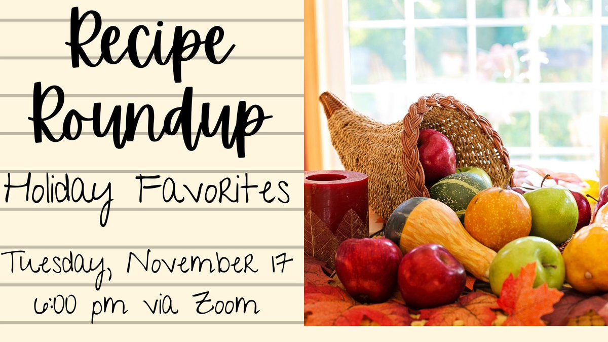 greenvillelibri's tweet photo. Join us via Zoom on Tuesday, November 17 at 6:00 pm for Recipe Roundup, a new program where Cassie will review several different cookbooks and attendees can share their favorite recipes. This month, we will be discussing holiday favorites.
Register here: https://t.co/jo3TSLDRhM https://t.co/EHASQ2PxvH