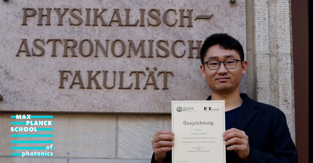 MPS_Photonics's tweet photo. Congrats to our MPSP PhD Candidate Katsuya Tanaka! The council of the #Physics and #Astronomy Faculty (@UniJena) awarded him with the #BestTeaching award for his Seminar on "Fundamentals of Modern Optics". #WellDone! 🤗 https://t.co/LpXWcbXsuk