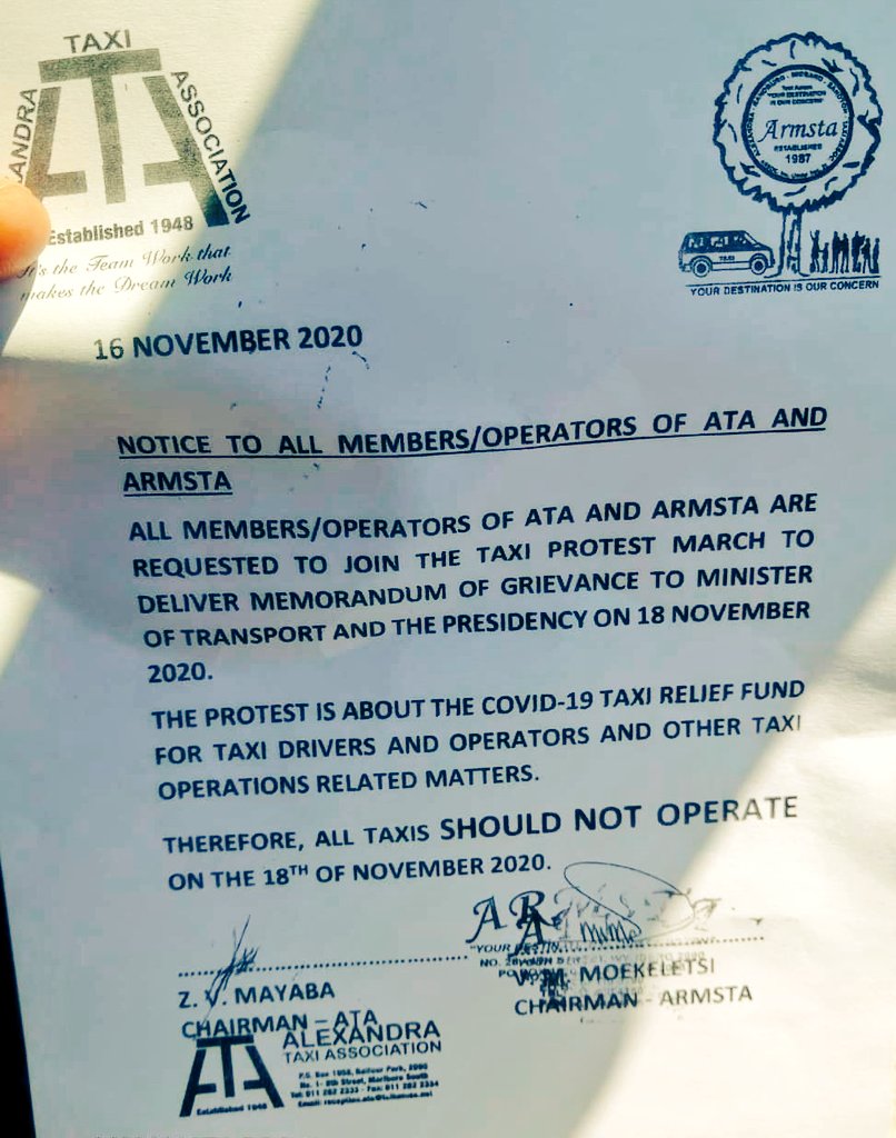 AlexReporterZA's tweet photo. BREAKING: Alexandra taxi associations to shutdown services on Wednesday in demonstration against the empty promises made by government about the Covid-19 relief fund for the industry. This means all routes in Joburg North suburbs will be affected #TaxiStrike #ARMSTA #Mbalula #ATA https://t.co/7APTWEv1mc