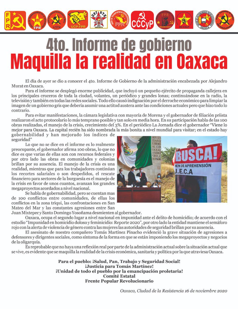 FPR_OAXACA's tweet photo. 4to. Informe de gobierno, maquilla la realidad en Oaxaca. 

Crisis económica, ingobernabilidad y agresiones al movimiento social son cosas que no aborda el discurso del gobernador. https://t.co/be0wlvNSBa