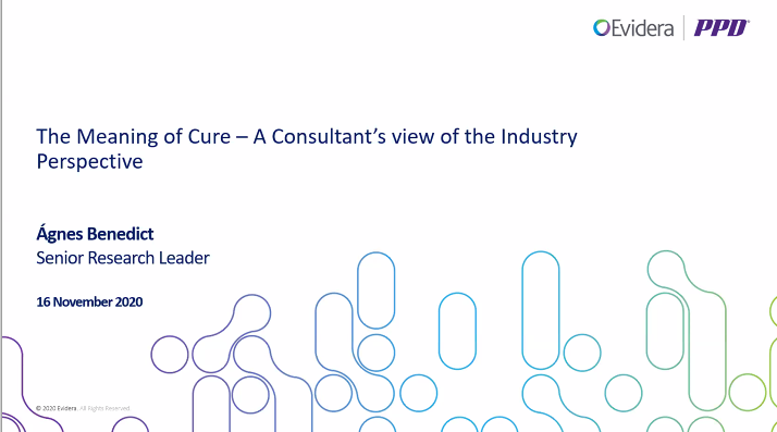 Agnés from  @evideraglobal starts with the industry perspective. She interviewed  #HEOR colleagues about 3 questions: definition of cure (population vs individual level), value of cure and what data can support cure given the follow-up of the trial. #ISPOREurope