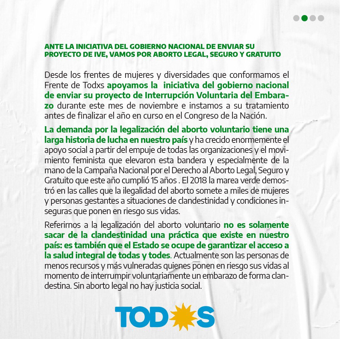RaquiVivanco's tweet photo. Desde los frentes de mujeres y diversidades que conformamos el Frente de Todxs apoyamos la iniciativa del gobierno nacional de enviar su proyecto de IVE. 
🗓️ 17/11 Día de las Militancias
¡Todxs a Congreso!
#MartesVerde 💚
#EsUrgente #AbortoLegal2020
#AbortoLegalEsJusticiaSocial https://t.co/Xq4gCGl5vN