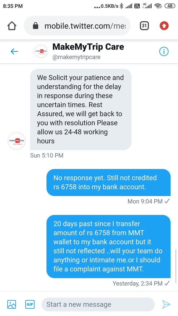 SugandhaTiwari6's tweet photo. Don't use @makemytripcare for further booking as my booking date is of MARCH till now I have not received the amount of Rs 6758 even they don't talk in customer care. #stopusingMMT Again and Again same reply that it will credit within 7-8working days. https://t.co/ZZDHFMV2sU