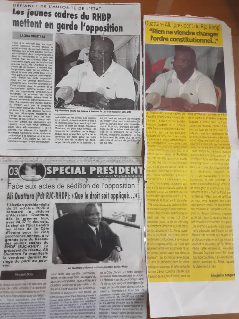 RhdpRjc's tweet photo. Nous venons de fêter une journée décrétée "La journée de la Paix" le Président du RJC-RHDP Mr. OUATTARA ALI à profiter de cette journée pour lancer un appel à la retenue et surtout à l'apaisement à l'endroit de la jeunesse de l'opposition. @DRhdp @RhdpO @AOuattara_PRCI @OuattInza https://t.co/gL3RKLehOi