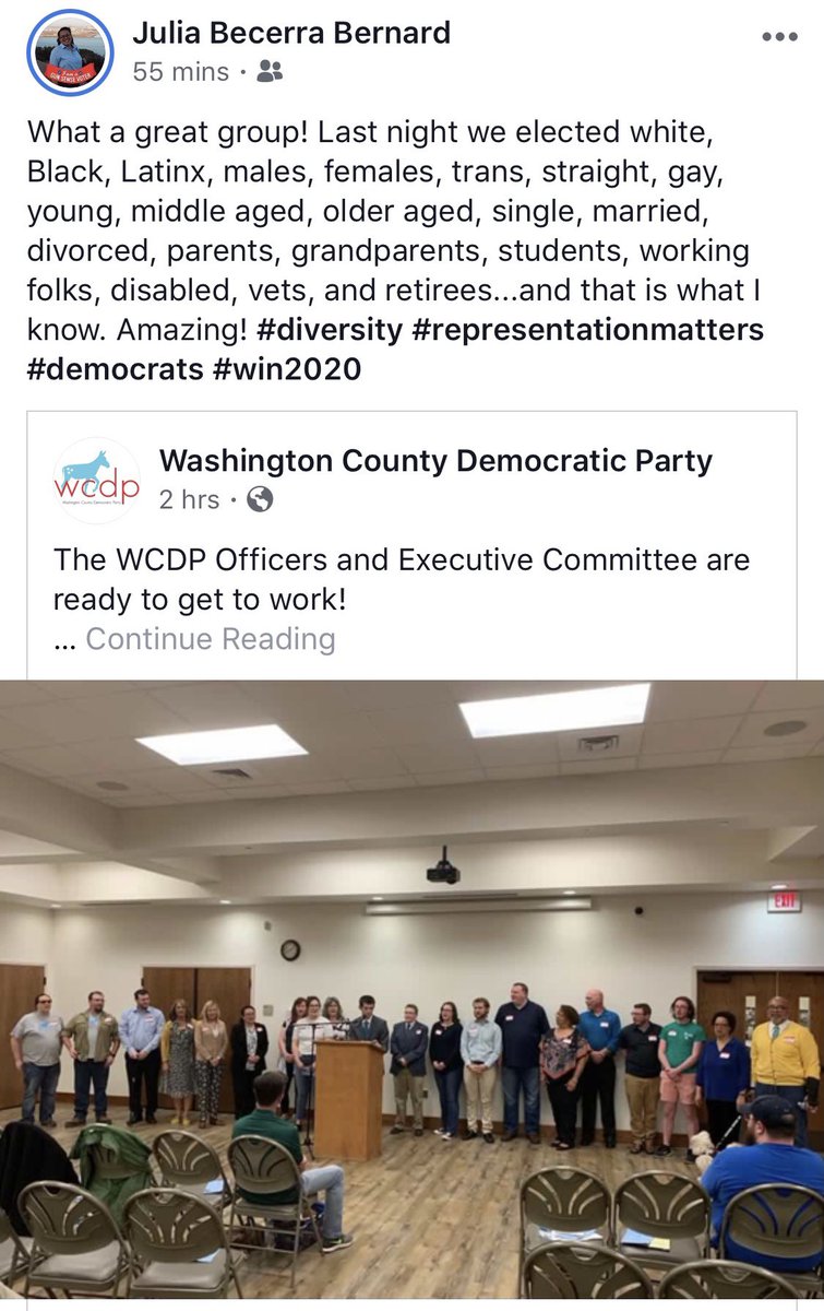 10. Here is an screenshot of WCDP Executive Committee member Julia Bernard’s Facebook post after the March 2019 Re-Organization in Washington County. Dr. Bernard says in her post, “representation matters” and I couldn’t agree more.