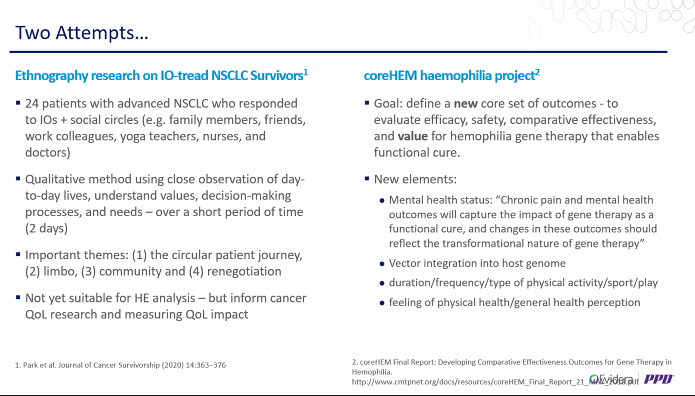 2 attempts to measure the added value of cure: one study in NSCLC, and another on haemophillia, where the goal was to define outcomes to reflect the transformational value of functional cure #ISPOREurope