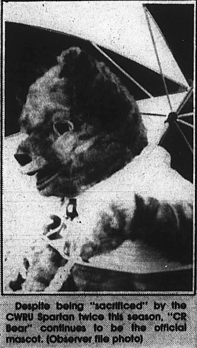 C.R. Bear remained the official mascot through the 1980s. A more spartan-looking mascot began appearing in 1983-84. Sources: Observer, 11-29-1984, CWRU Archives