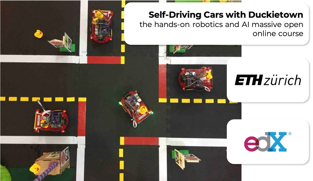 DuckietownAI's tweet photo. Do you want to learn about #Robotics and #SelfDrivingCars? Join the @eth_en “Self-driving cars with Duckietown" #MOOC on @edXOnline! Combine remote and hands-on learning with @Nvidiaembedded #JetsonNano powered #Duckiebots. Enrollment is free!

More on: https://t.co/TUZQ5SL08g https://t.co/WzVijH67BW