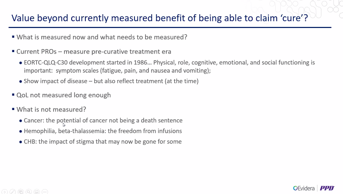 All  #HEOR interviews suggested that the value of cure is larger than what is currently measured, but it is difficult to pin down. This may be due to PROs, which are v reflective of chemotherapy era #ISPOREurope