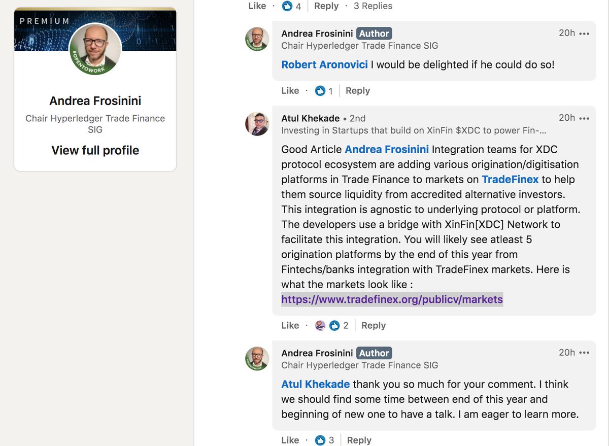 Sink your teeth into this.According to  @atulkhekade we will likely see at least 5 origination platforms by the end of this year from Fintechs/banks integration with  @TradeFinex markets. https://www.linkedin.com/posts/andreafrosinini_how-interoperability-establishes-blockchain-activity-6733424486315528193-g1hV/