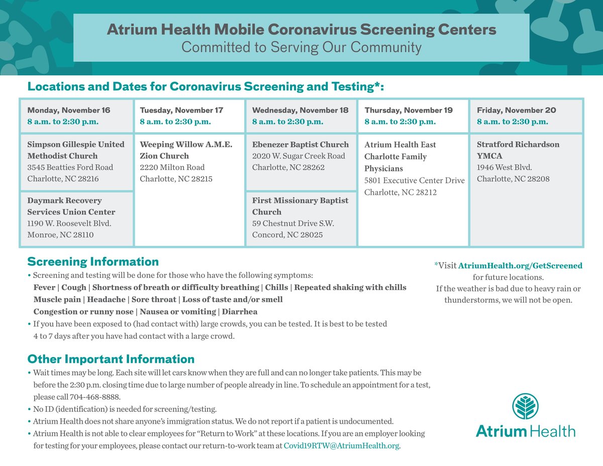 hipolitix's tweet photo. Great news on COVID related vaccines, but we still need to remain diligent & responsible. Free testing through Atrium Health is available. Remember: WASH your hands, WEAR your mask, WAIT 6 feet & Avoid LARGE GATHERINGS! See testing locations. #mark4thepeople #maskupmeck https://t.co/jJqbbY6cXE