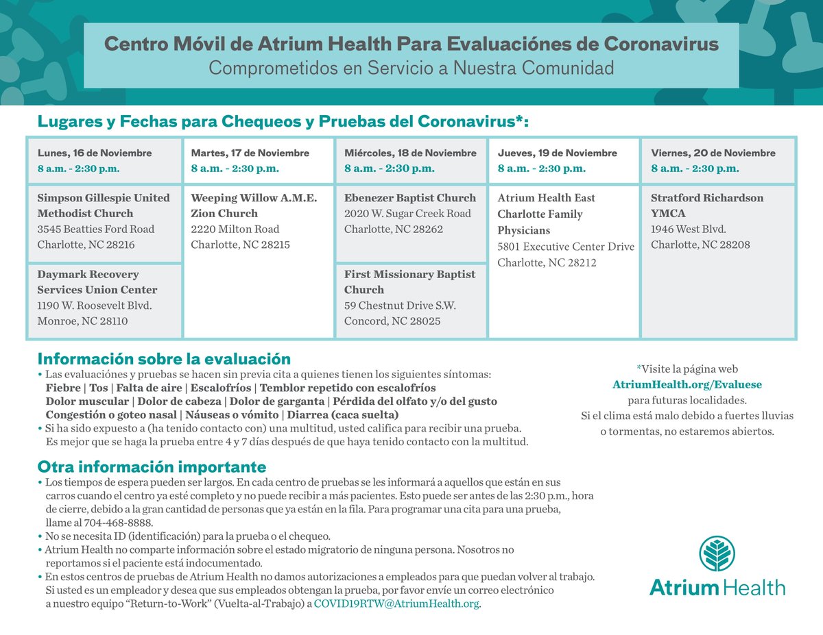 hipolitix's tweet photo. Great news on COVID related vaccines, but we still need to remain diligent & responsible. Free testing through Atrium Health is available. Remember: WASH your hands, WEAR your mask, WAIT 6 feet & Avoid LARGE GATHERINGS! See testing locations. #mark4thepeople #maskupmeck https://t.co/jJqbbY6cXE