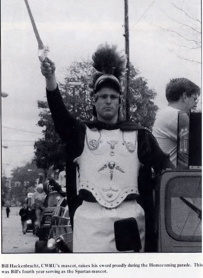 Students dressed as Spartans have become a regular part of games & other events on campus. Image: Bill Hackenbracht in his 4th year as the Spartan. Source: Retrospect 2002, CWRU Archives