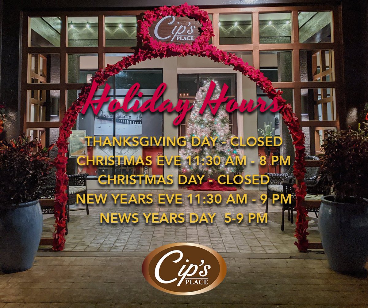 We are looking forward to enjoying the holiday season with you!  Be sure to make note of our holiday hours as you make your plans to come join us. If you'd like to make reservations please call 239-472-0223. See ya at Cip's! 
#sanibel #seeyaatcips #holidays #christmas #newyears