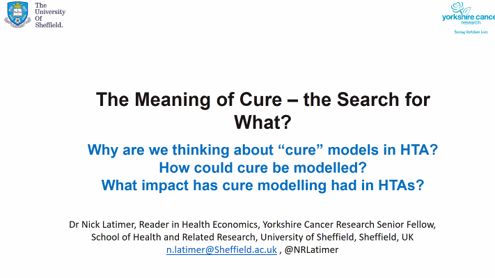 Next up  @NRLatimer at  #ISPOREurope.We're thinking about cure models because treatments are offering potential cures. If some people are likely to be cured, we should reflect this.