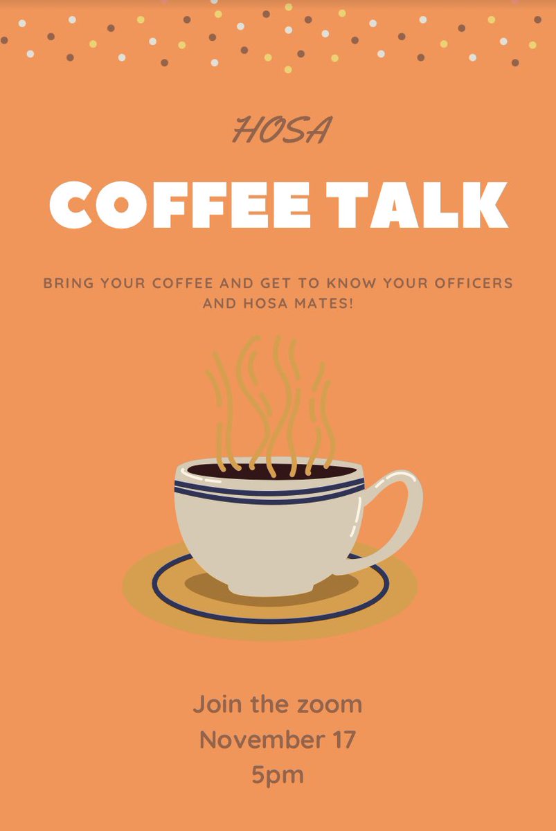 KCAL_HOSA's tweet photo. Join us Tuesday for a coffee talk and Thursday for our upcoming HOSA meeting! Zoom links will be sent out! https://t.co/JmCMGpdfUR