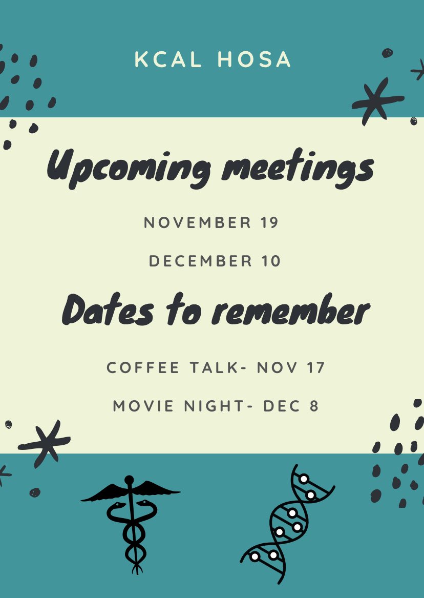 Join us Tuesday for a coffee talk and Thursday for our upcoming HOSA meeting! Zoom links will be sent out!