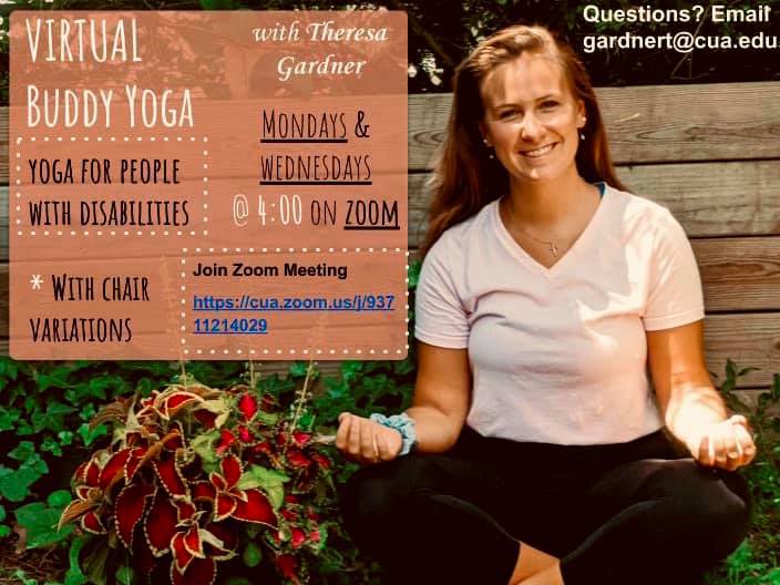 CUACounseling's tweet photo. CUA student, Theresa Gardner has been leading virtual yoga classes during the pandemic. While the classes are specifically for those with disabilities, anyone looking for low impact movement that can also center and ground you are welcome to join. https://t.co/A445A4txUQ