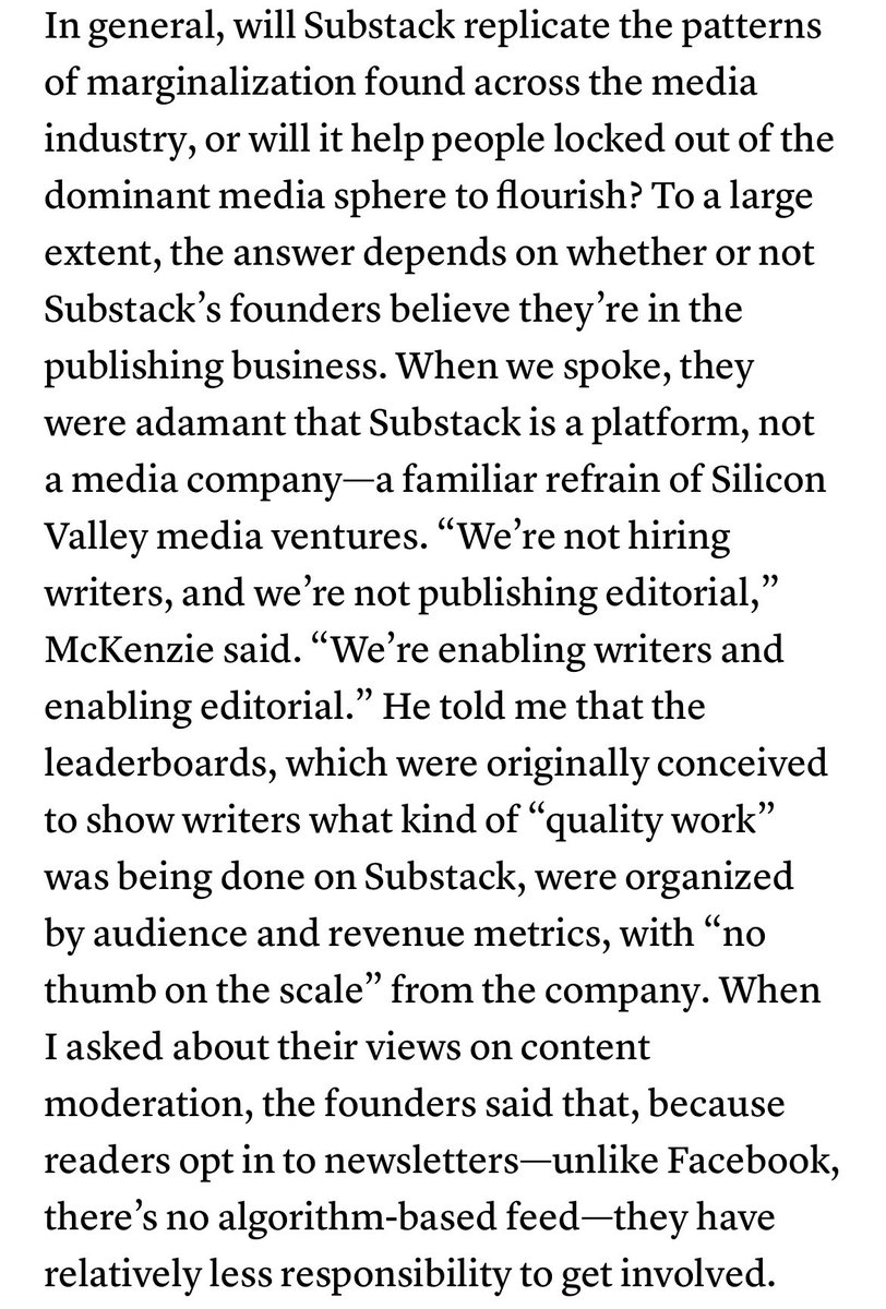 Can’t say I’m shocked that Columbia Journalism Review is leading the way in insisting that Substack, whose greatest business flaw is that it doesn’t own publisher email lists or customer payment data, is a publisher and not a platform. Just blanket assertions 