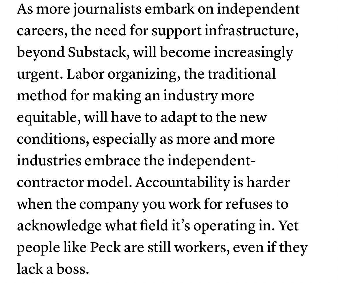 Meanwhile this paragraph makes no sense. Independent writers are entrepreneurs, not contractors. And the only person refusing to acknowledge what Substack is is the author.