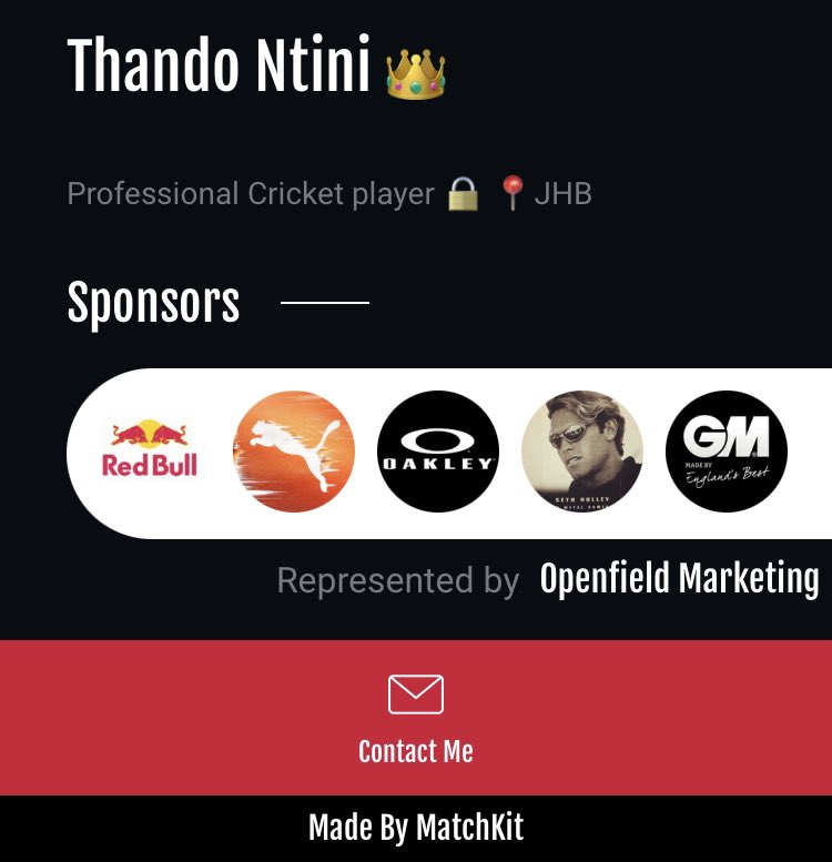 YourMatchKit's tweet photo. Meet @ThandoNtini16 

South African cricketer 

View his profile here: https://t.co/BP71vh9Ucv 

#MatchKit #MatchKitMeet #cricket https://t.co/Gyr4Ue7jBJ