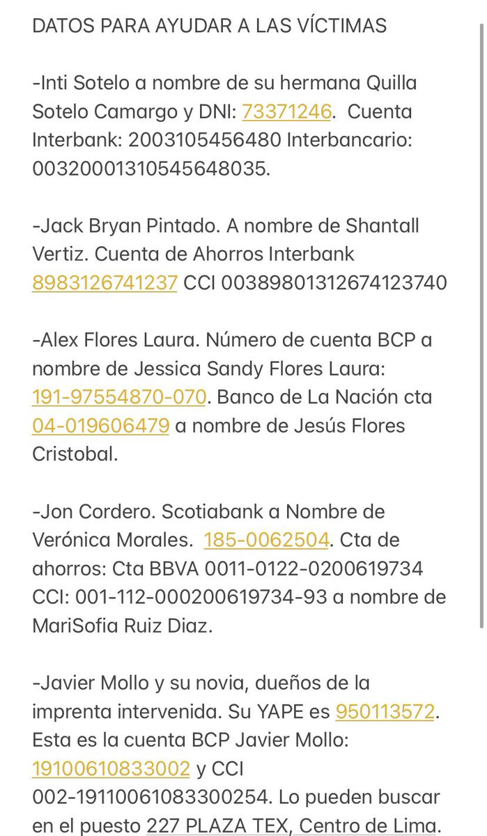 SMontesGozar's tweet photo. Estos son datos para ayudar a las víctimas. Lo ideal es que podamos apoyar a todos. Lucharon por nosotros y lo mínimo que podemos hacer es darles la mano en estos momentos. Fuente: @ocram #GolpeDeEstadoEnPeru #IntiSotelo #BryanPintado #LUCHAPERU https://t.co/6h2ajQK7ye