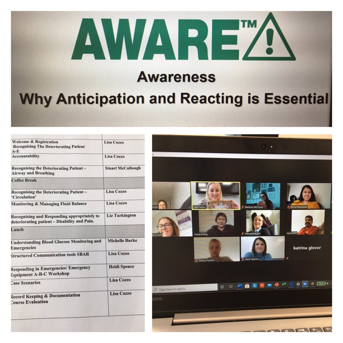 LisaCozzo's tweet photo. Running our first virtual AWARE course today teaching our  healthcare assistants and physio assistants how to recognise and respond to deteriorating patients. Thanks to Stuart, Liz, Michelle and Heidi for delivering sessions today.   @CMDickson100 @BrendaCarsonSET https://t.co/xqZZXWZTYq