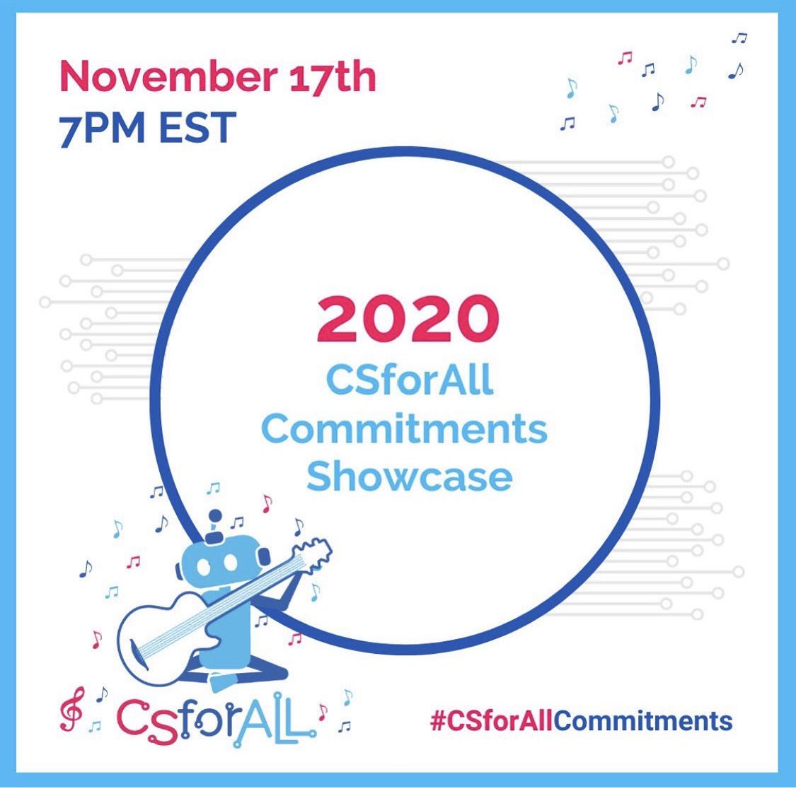 codescty's tweet image. On 11/17/2020 @CSforALL is hosting a virtual Commitments Showcase! Announcing the 2020 #CSforALL Commitments by the member community and highlight new work in response to the impacts of COVID & racial injustice on the computer science education movement. #CodeScty will be there!