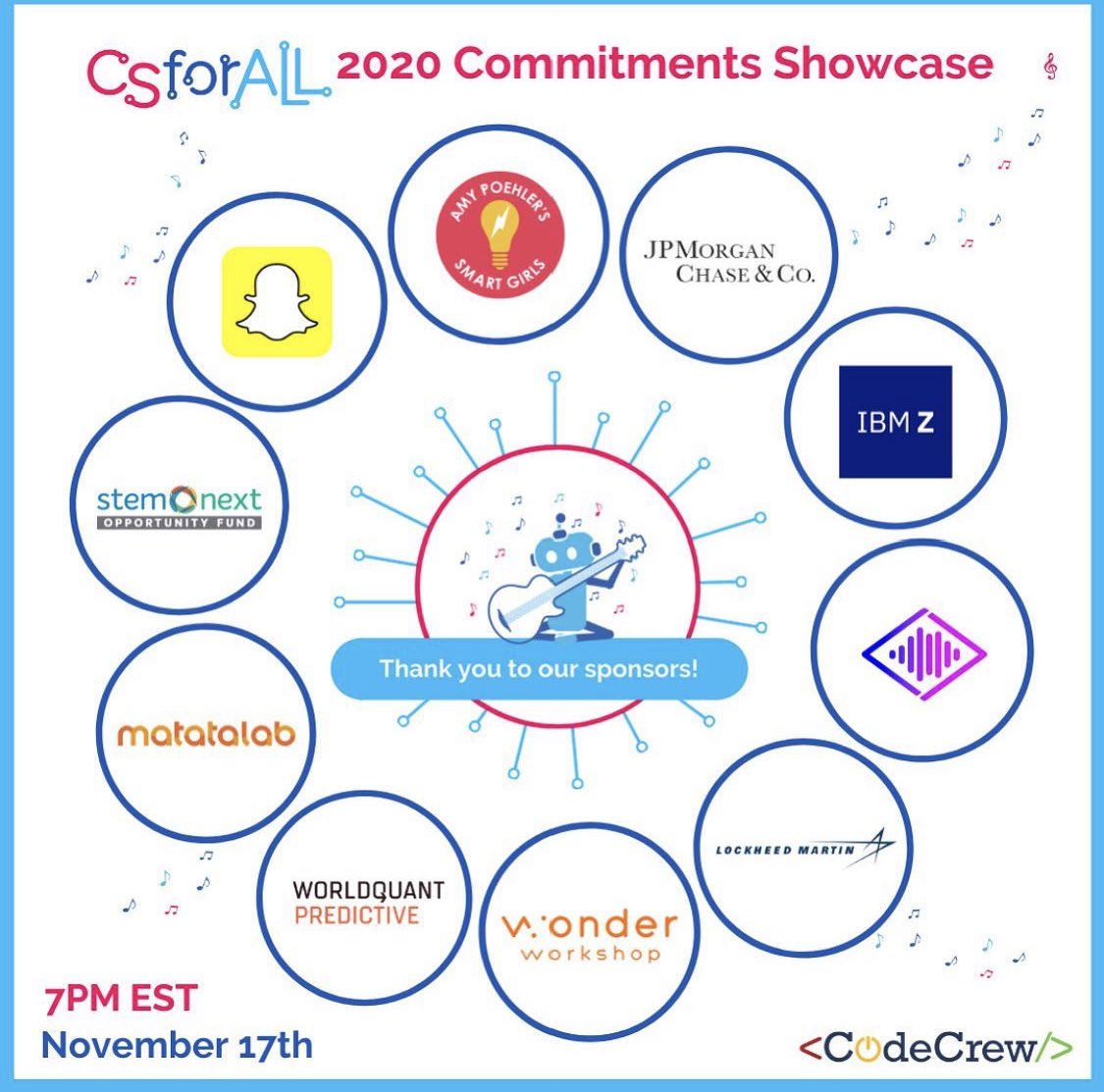 codescty's tweet image. On 11/17/2020 @CSforALL is hosting a virtual Commitments Showcase! Announcing the 2020 #CSforALL Commitments by the member community and highlight new work in response to the impacts of COVID & racial injustice on the computer science education movement. #CodeScty will be there!