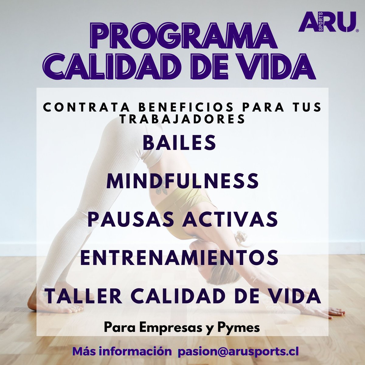 AruSports's tweet photo. Que tus colaboradores realicen actividades deportivas regularmente disminuye los niveles de estrés, aumenta la motivación dentro del grupo, mejora el clima laboral, potencia habilidades sociales, y mejora la productividad.

No dejes pasar la oportunidad y contrata con nosotros! https://t.co/ebEg2D9ss2
