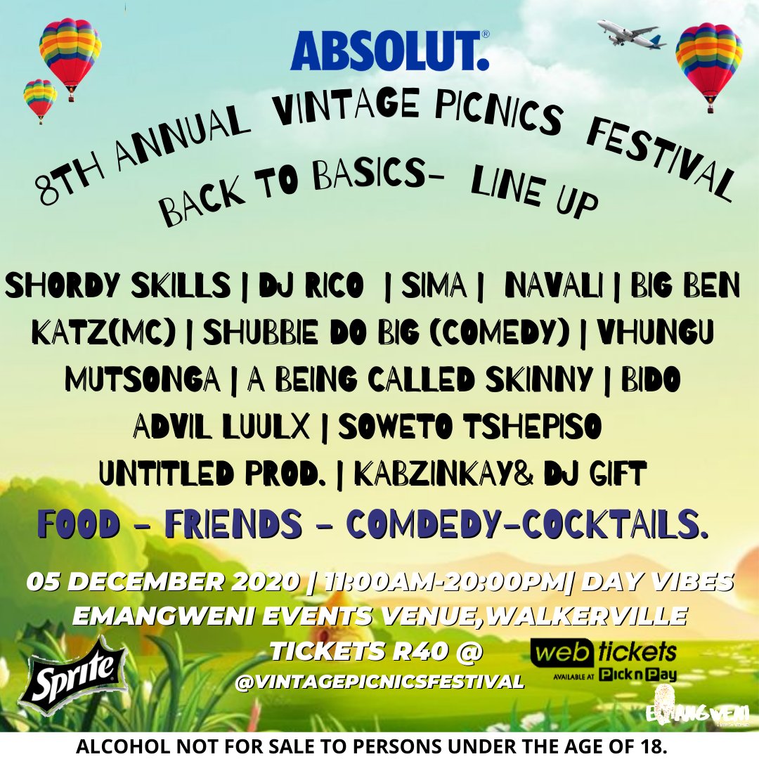 uMooseMaseko's tweet photo. The 8th Installment of @vintagepicnicsa Features 100% upcoming Artists. And Seeks To Take Things Back to Basics.
Friends-Comedy -Food and @AbsolutSA Cocktails. Come through to #8thVintagePicnics05Dec At Walkerville , JHB South.
#BeAbsolut 18+ Tickets only R40 at Webtickets https://t.co/u7915WUZSv