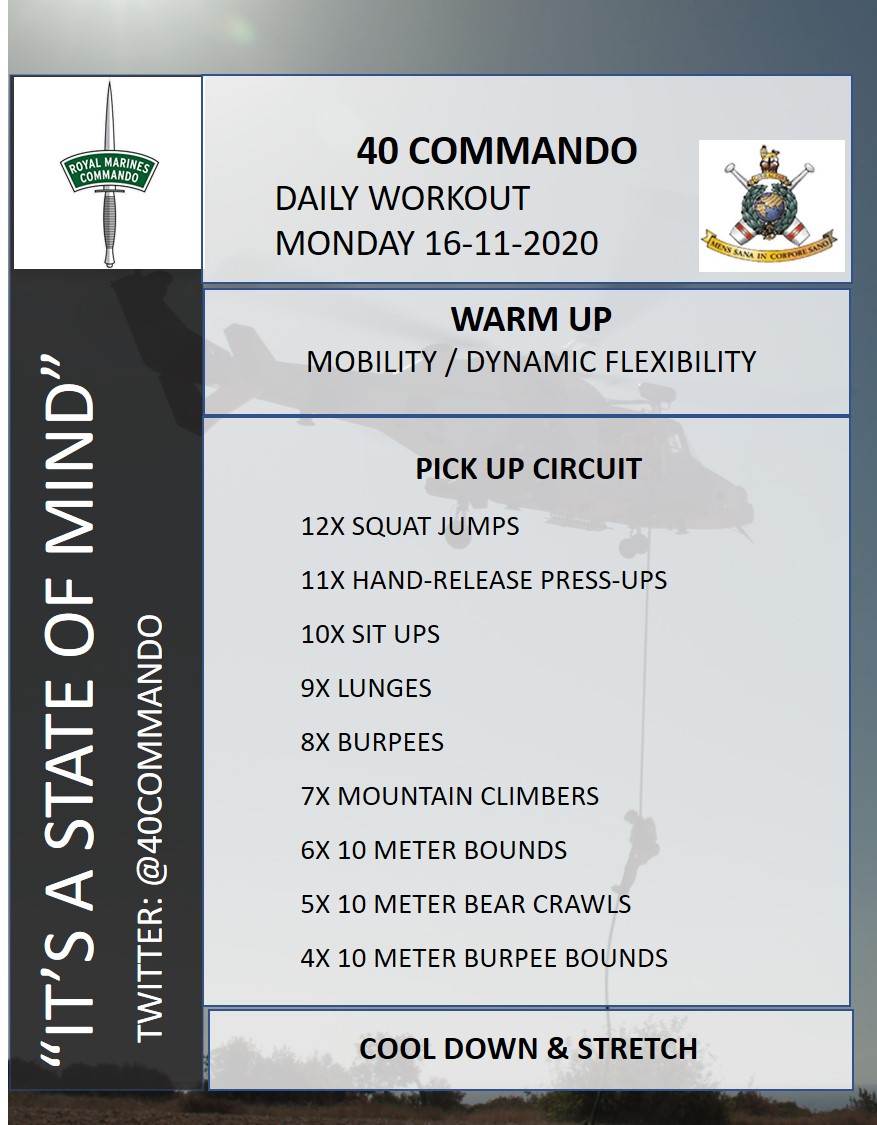 40commando's tweet photo. Today's #lockdownphys is a pickup circuit.
The aim of the circuit is to pick-up every exercise above one another before you get back to the top (Squat Jumps). Once you are back to Squat Jumps, move down to the next exercise on the list. https://t.co/R3J4OMV8o1