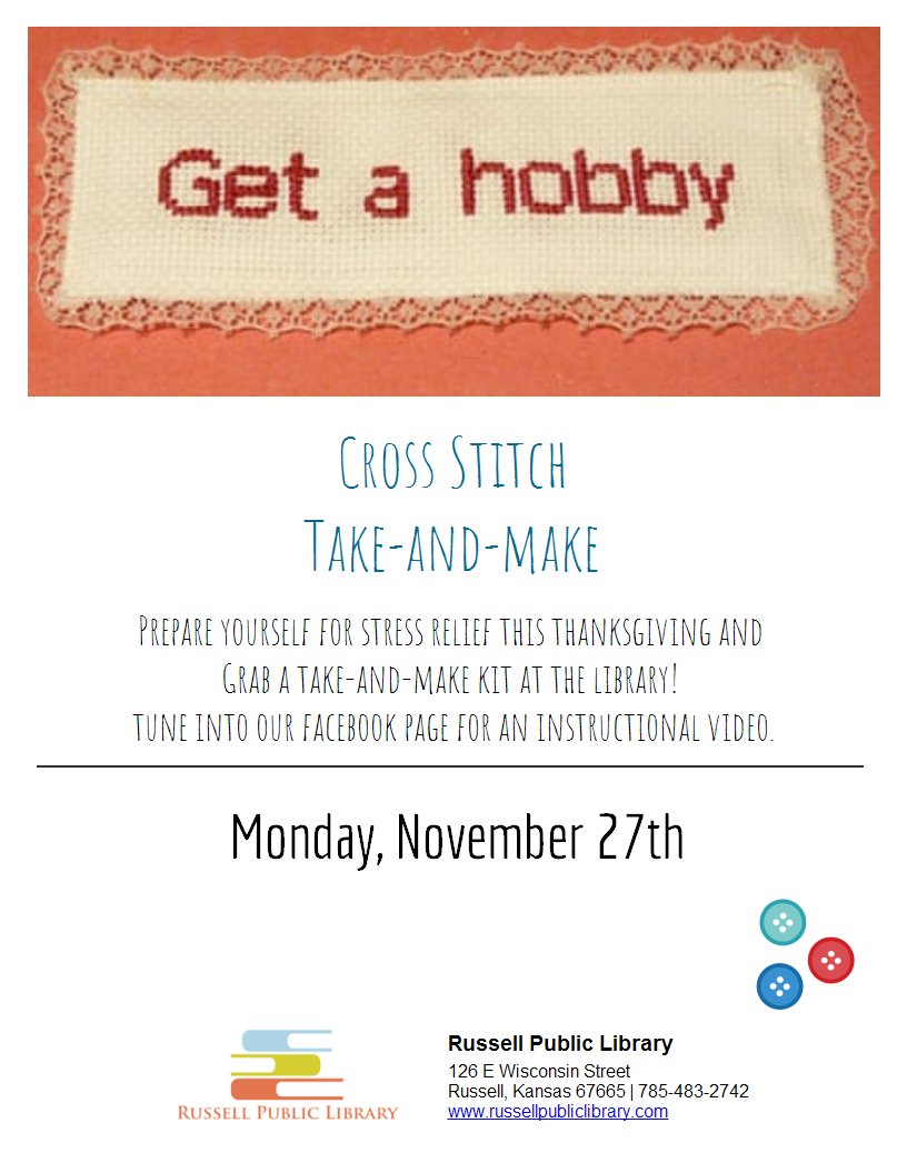 RussPubLib's tweet image. This one is for the grown folk!  Get your take-and-make kit at the circulation desk and tune in to our instructional Facebook video.  You&apos;ll have yourself a whole new hobby! libraryaware.com/26MKAE